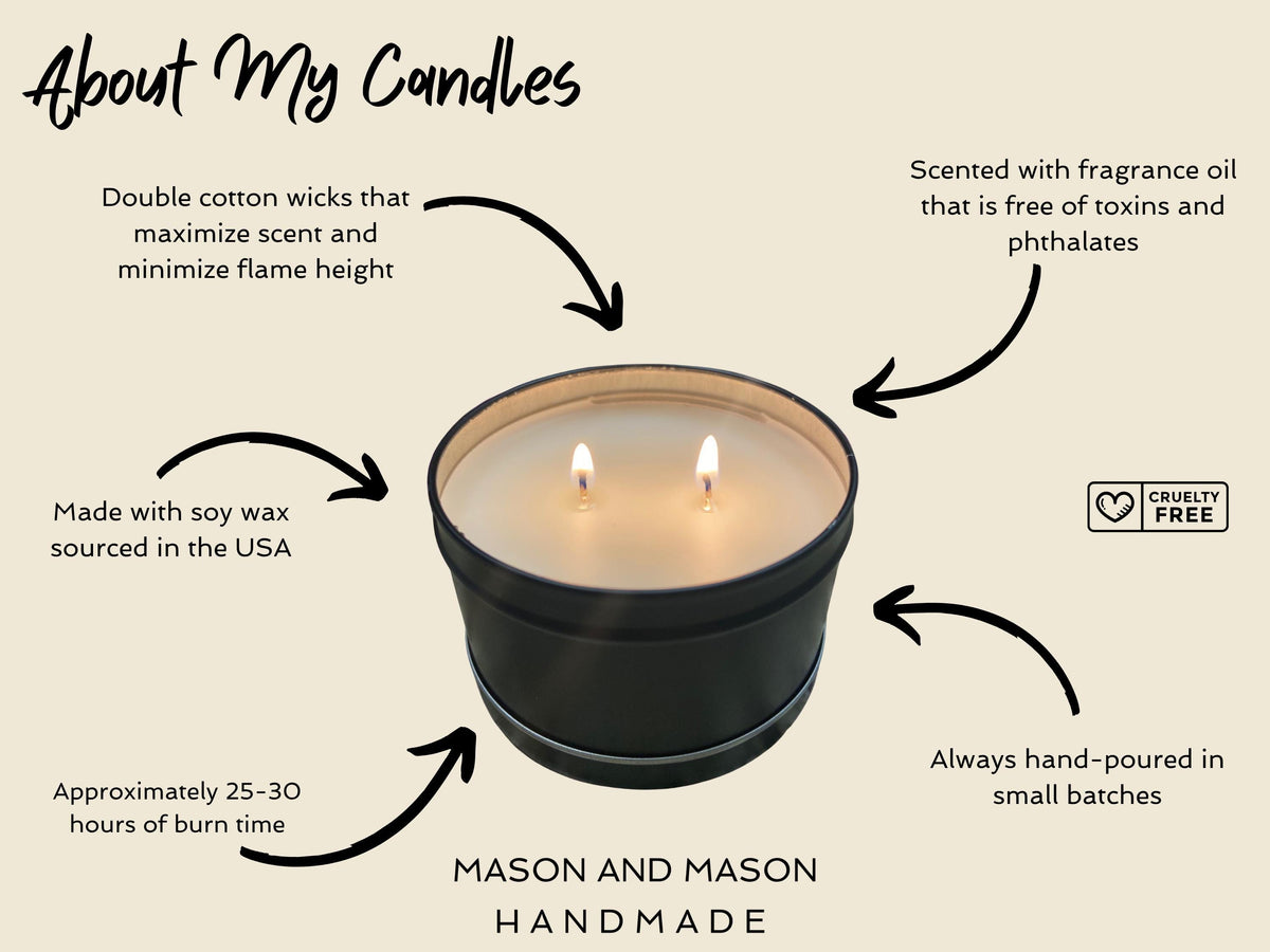 Candle with text detailing features and information about the candle, including soy wax, double wicked, hand-poured, and cruelty-free status.
