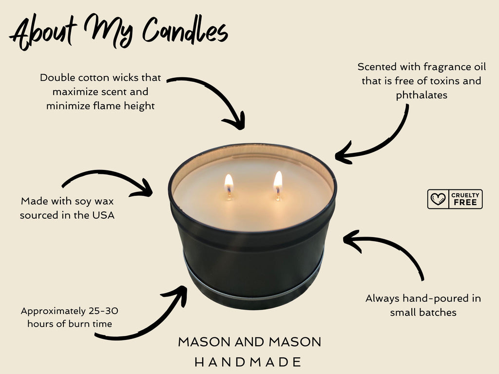 Candle with text detailing features and information about the candle, including soy wax, double wicked, hand-poured, and cruelty-free status.