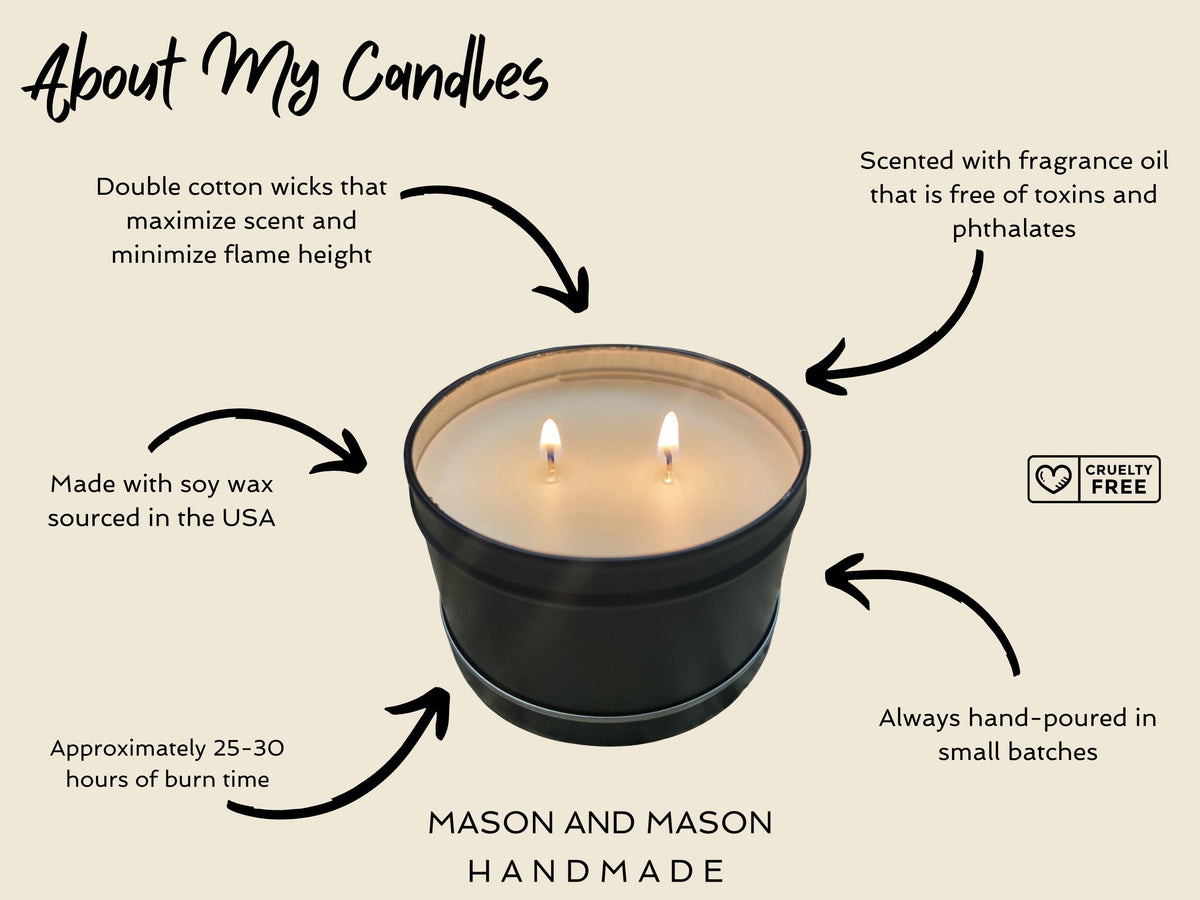 Candle with text detailing features and information about the candle, including soy wax, double wicked, hand-poured, and cruelty-free status.