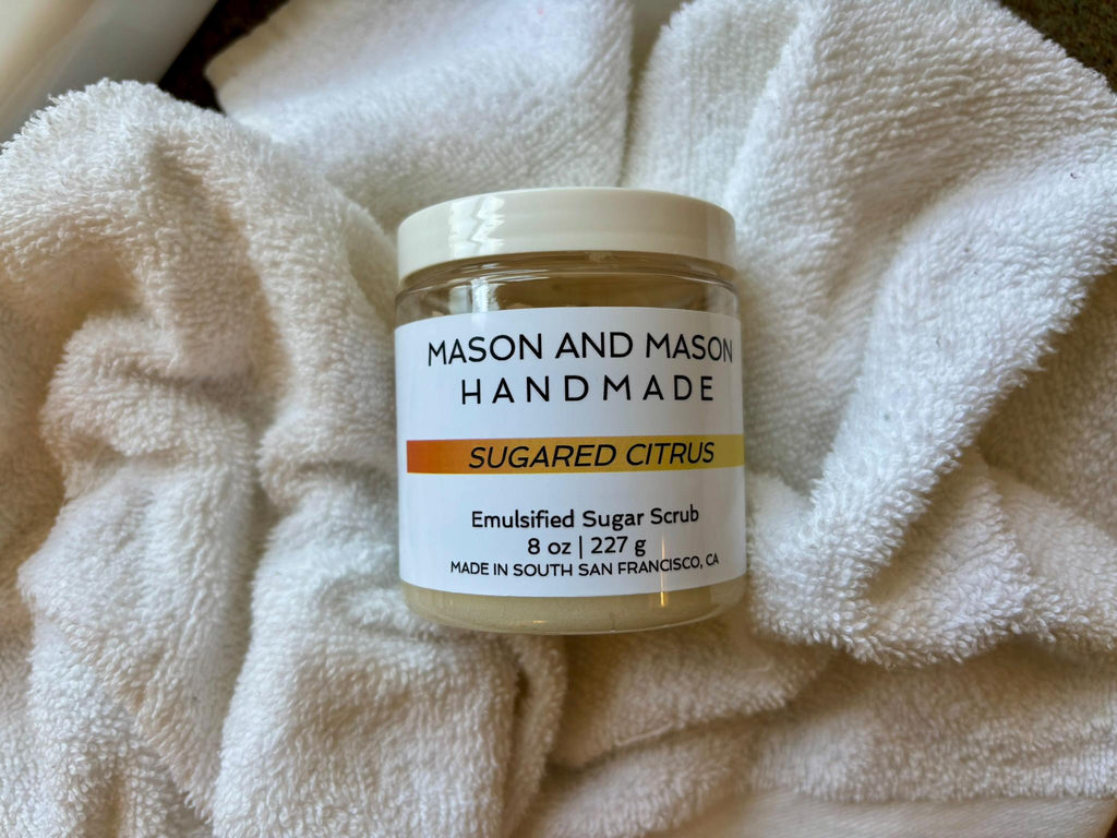 Jar of Mason and Mason Handmade Sugared Citrus Emulsified Sugar Scrub on a towel